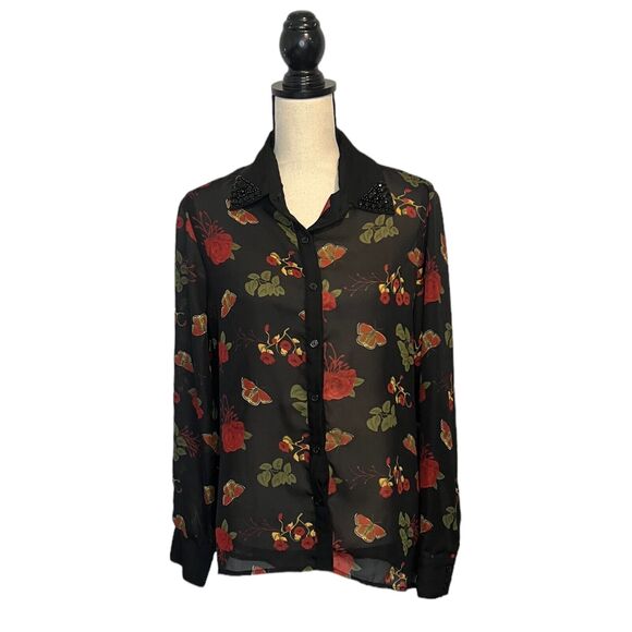 METAPHOR Womens Size L Floral Black Button Down Semi-Sheer Blouse Beaded Collar - Picture 2 of 6